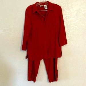 Lightweight floral embroidered linen blend capri pantsuit elbow length button up